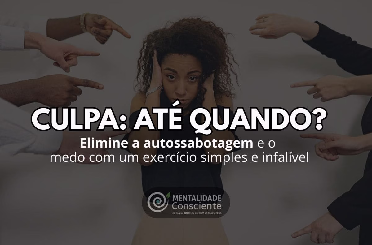 Mulher com expressão de culpa sendo pressionada, representando a autossabotagem e o medo, buscando o autoperdão para quebrar as correntes da mente (Metanoia).