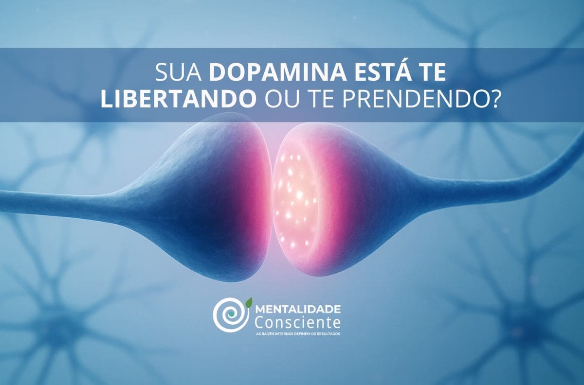 Infográfico mostrando o cérebro humano sendo estimulado por telas e doces, representando a dopamina manipulada e o ciclo da procrastinação.