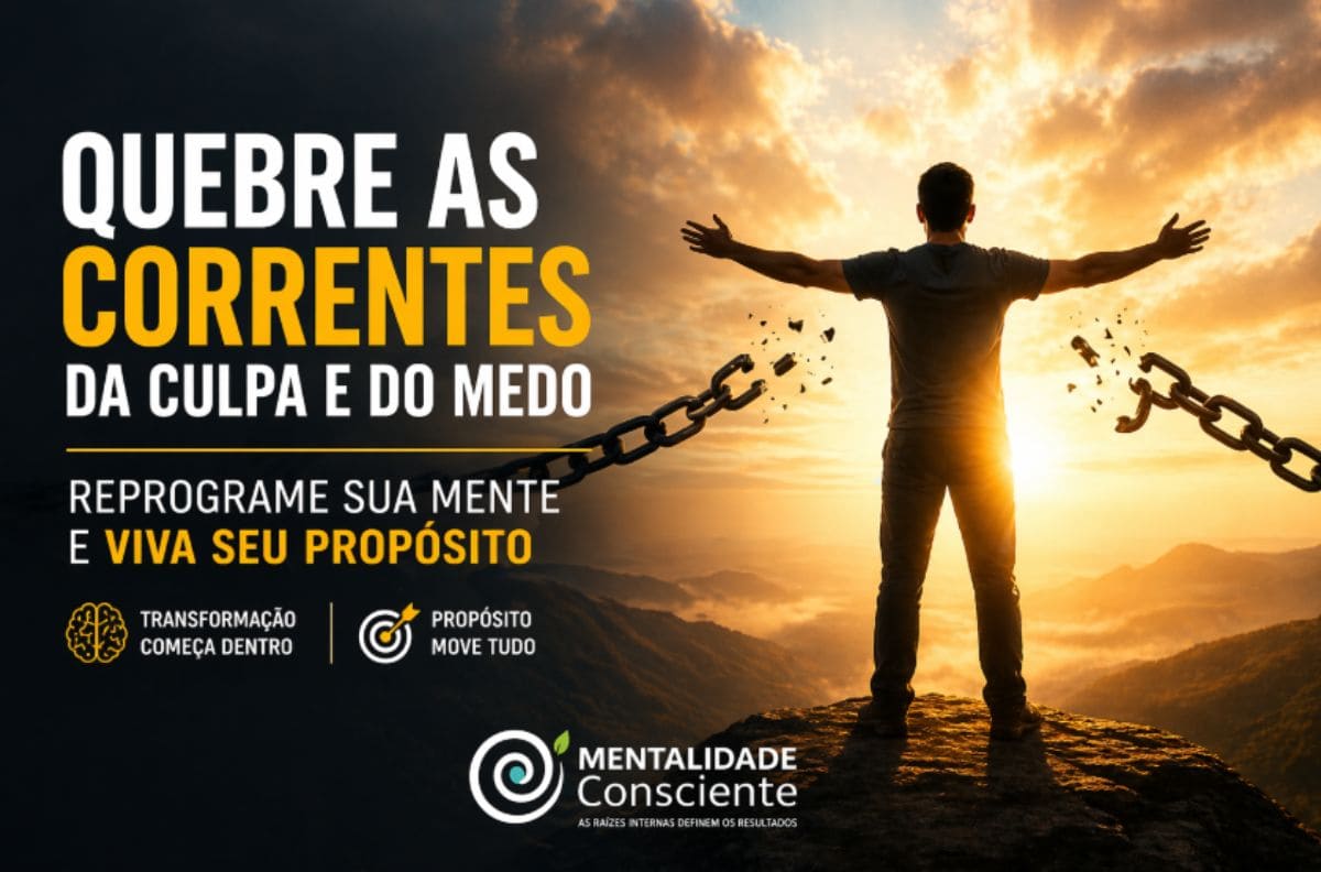 Homem quebrando correntes simbolizando libertação da culpa e do medo através da reprogramação mental e da metanoia para viver com propósito