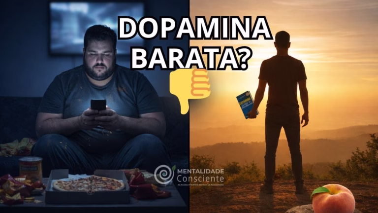 Comparação dopamina barata vs alta qualidade: homem viciado em celular e junk food (esquerda, baixa qualidade) versus homem disciplinado lendo livro na montanha ao pôr do sol (direita, resultados reais) – A farsa da dopamina barata explicada pela Mentalidade Consciente