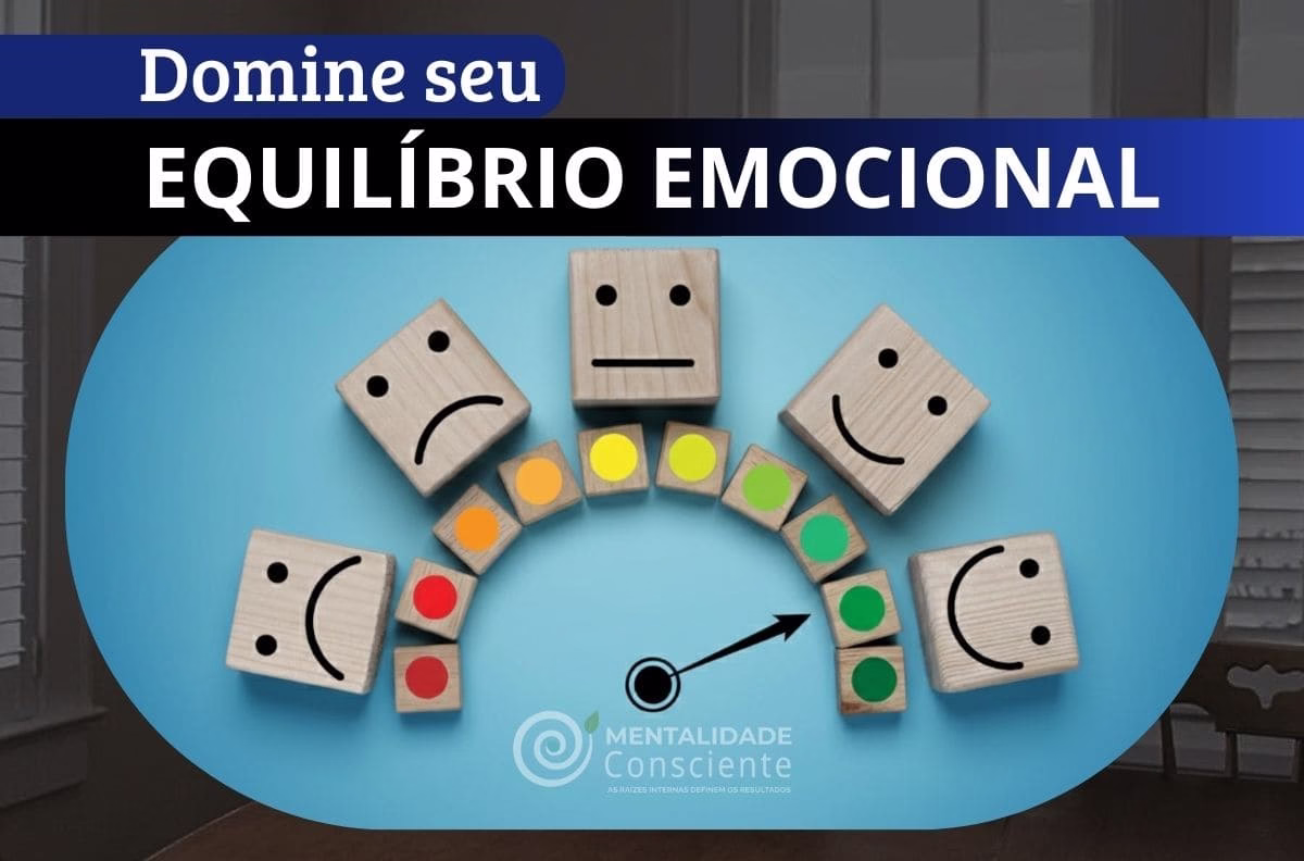 Infográfico clean com blocos de madeira mostrando diferentes expressões faciais e um medidor de nível emocional, representando o equilíbrio entre a amígdala e a dopamina.