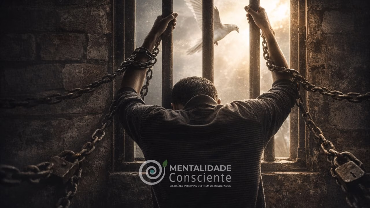 Homem acorrentado atrás de grades de prisão olhando para uma pomba voando em direção à luz, simbolizando a Senzala Emocional e a luta interna para romper correntes emocionais e conquistar liberdade