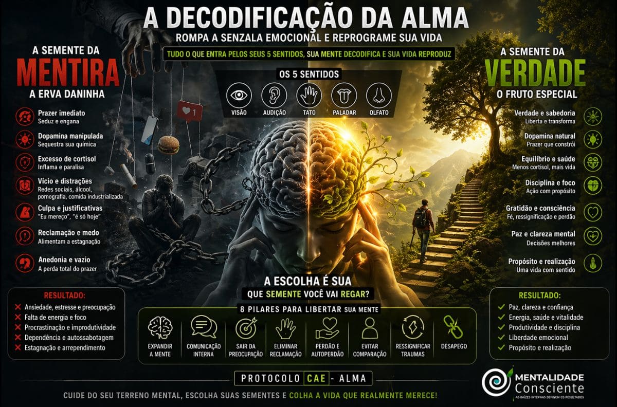 Infográfico do Protocolo CAE – Alma mostrando a reprogramação mental através dos 5 sentidos, comparando a semente da mentira (dopamina manipulada, ansiedade e estagnação) com a semente da verdade (clareza, disciplina, propósito e liberdade emocional).