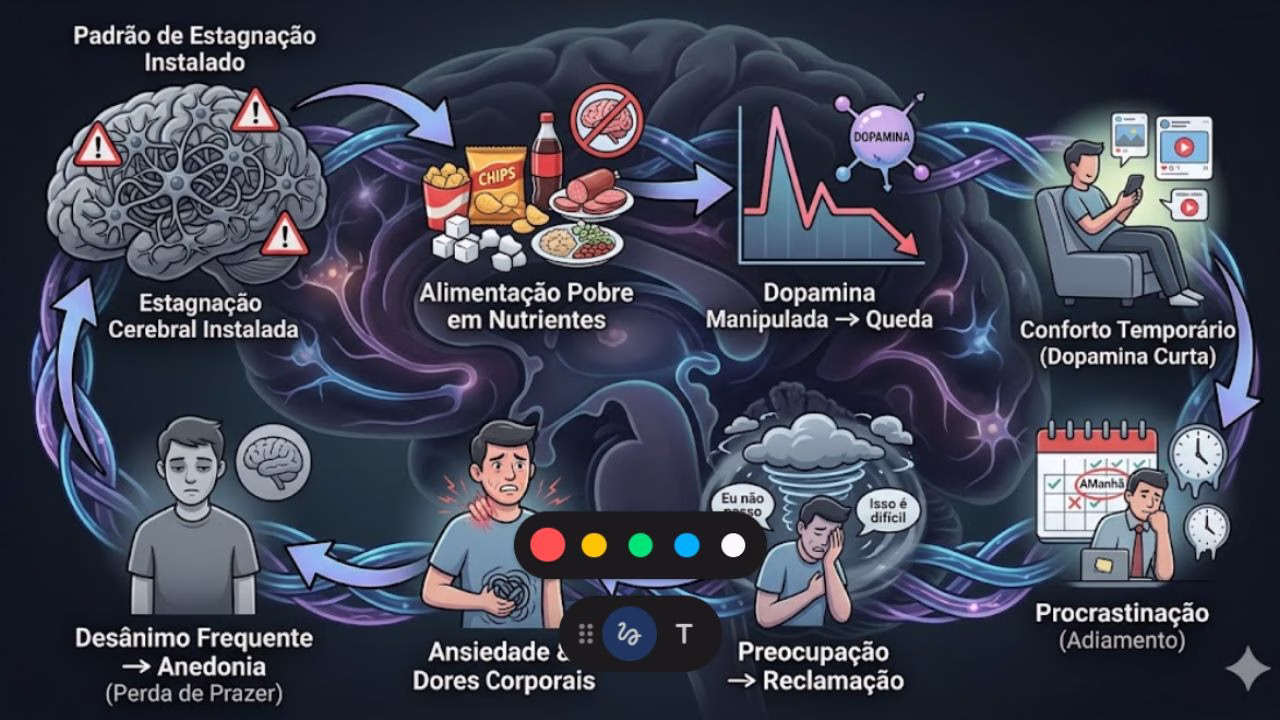 Diagrama do Protocolo CAE mostrando o ciclo da ansiedade, procrastinação e dopamina manipulada causado por hábitos como má alimentação, distrações e estagnação mental