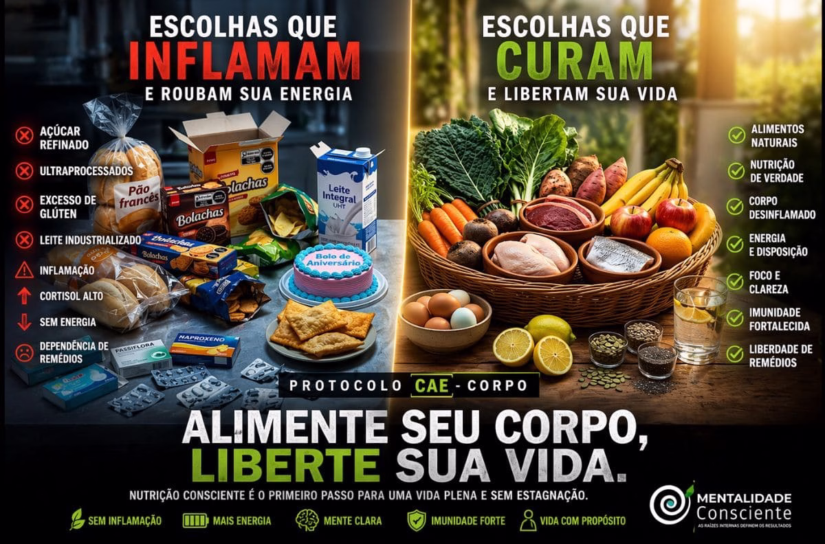 Comparação entre alimentos ultraprocessados que causam inflamação e alimentos naturais que aumentam energia e saúde no Protocolo CAE – Corpo
