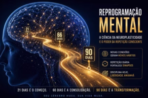 Ilustração de um cérebro humano com conexões neurais luminosas e uma estrada dourada representando a neuroplasticidade, a formação de hábitos e o processo de reprogramação mental em 21, 66 e 90 dias.
